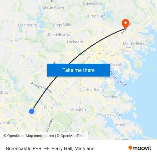 Greencastle P+R to Perry Hall, Maryland map