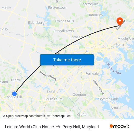 Leisure World+Club House to Perry Hall, Maryland map