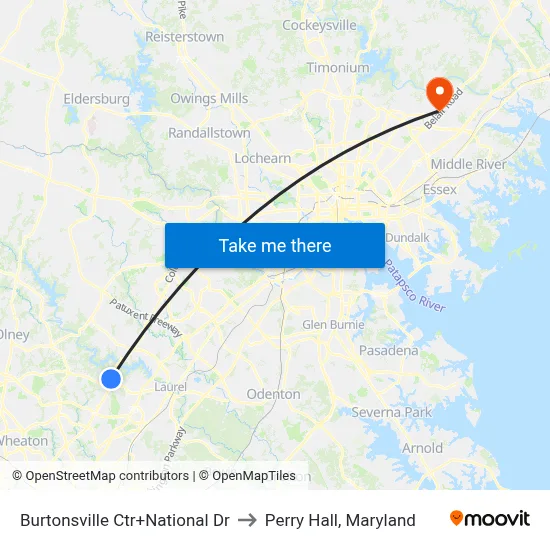 Burtonsville Ctr+National Dr to Perry Hall, Maryland map