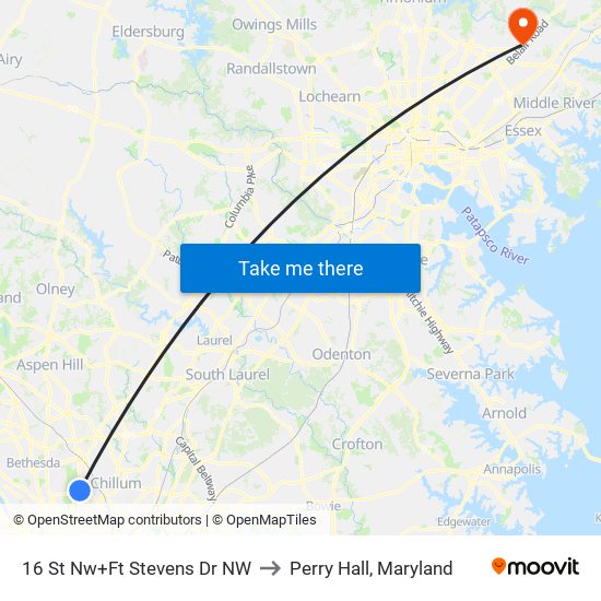 16 St Nw+Ft Stevens Dr NW to Perry Hall, Maryland map