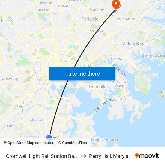 Cromwell Light Rail Station Bay 1 to Perry Hall, Maryland map