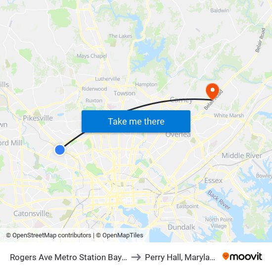 Rogers Ave Metro Station Bay 6 to Perry Hall, Maryland map