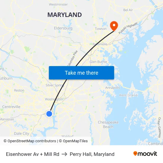 Eisenhower Av + Mill Rd to Perry Hall, Maryland map