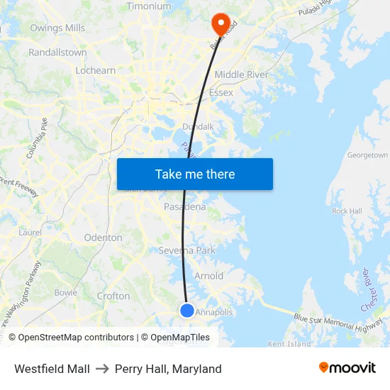 Westfield Mall to Perry Hall, Maryland map
