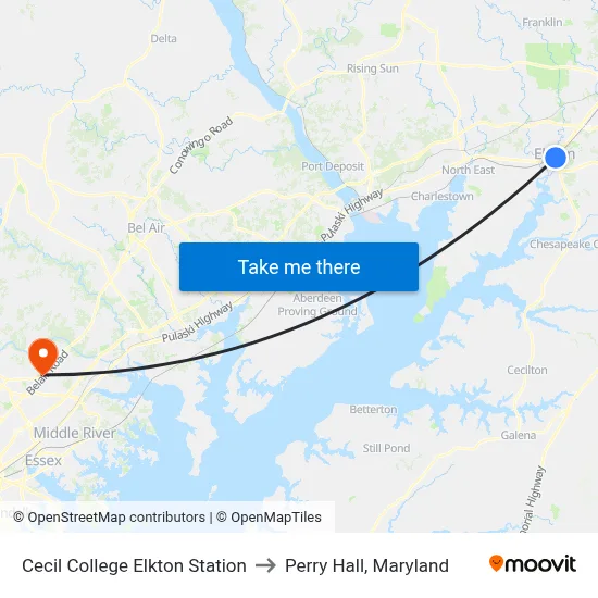Cecil College Elkton Station to Perry Hall, Maryland map