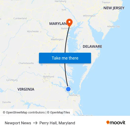 Newport News to Perry Hall, Maryland map