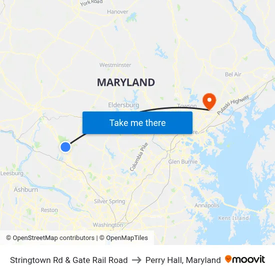 Stringtown Rd & Gate Rail Road to Perry Hall, Maryland map