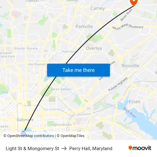 Light St & Mongomery St to Perry Hall, Maryland map