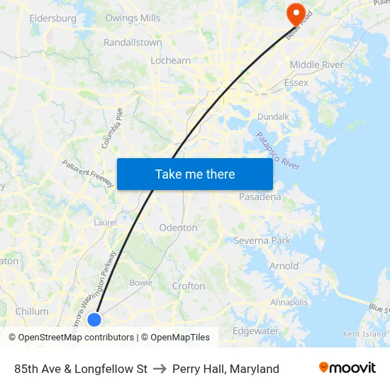 85th Ave & Longfellow St to Perry Hall, Maryland map