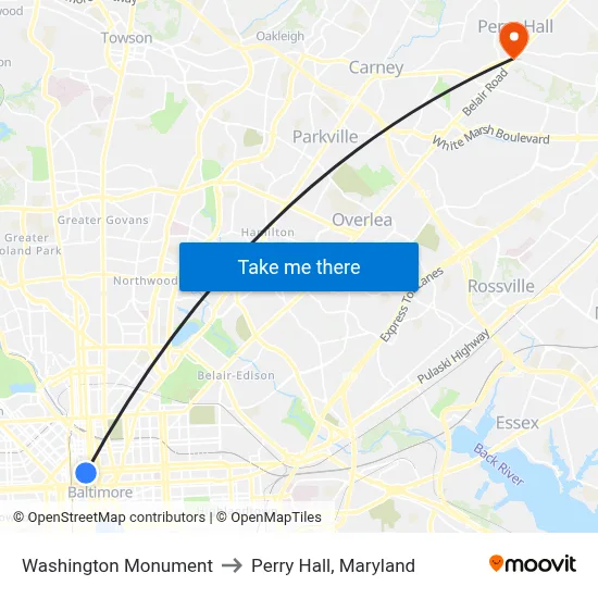 Washington Monument to Perry Hall, Maryland map