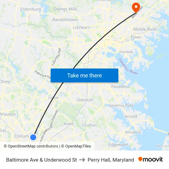 Baltimore Ave & Underwood St to Perry Hall, Maryland map