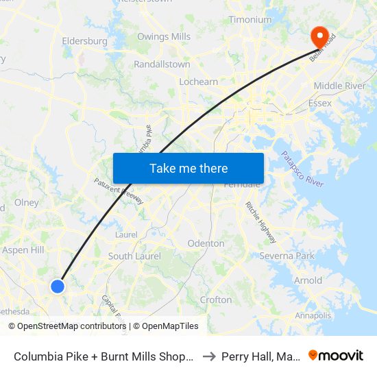Columbia Pike + Burnt Mills Shopping Center to Perry Hall, Maryland map