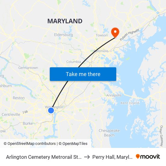 Arlington Cemetery  Metrorail Station to Perry Hall, Maryland map