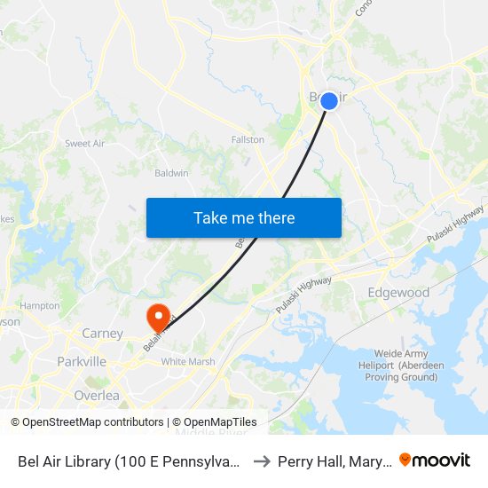 Bel Air Library (100 E Pennsylvania Ave) to Perry Hall, Maryland map