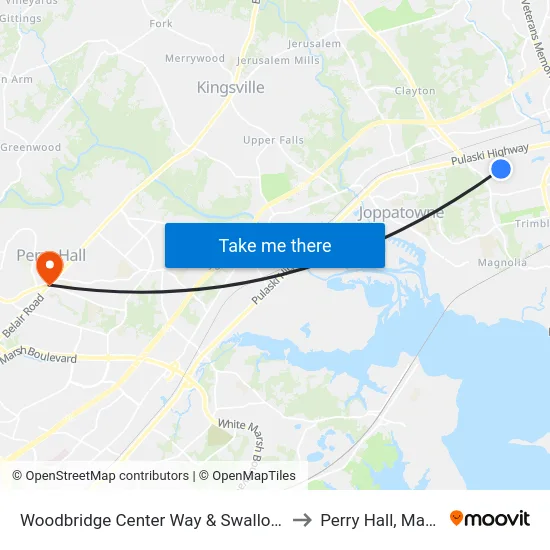 Woodbridge Center Way & Swallow Crest Dr to Perry Hall, Maryland map
