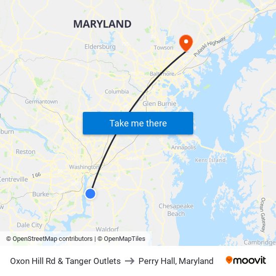 Oxon Hill Rd & Tanger Outlets to Perry Hall, Maryland map