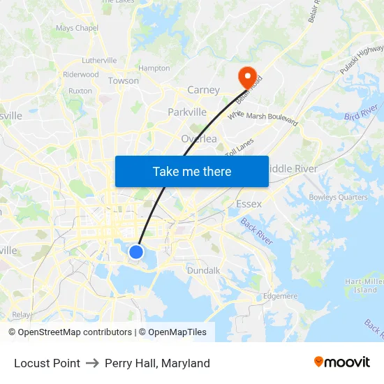 Locust Point to Perry Hall, Maryland map