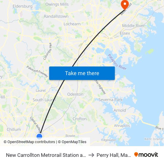 New Carrollton Metrorail Station at Bus Bay F to Perry Hall, Maryland map