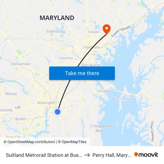 Suitland Metrorail Station at Bus Bay D to Perry Hall, Maryland map