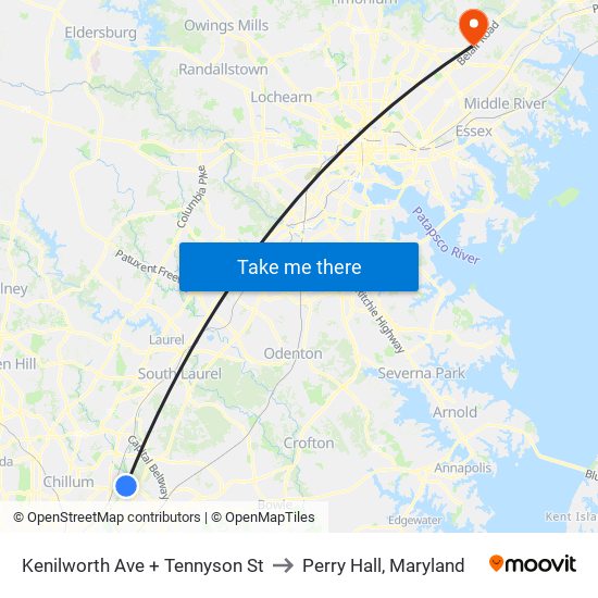 Kenilworth Ave + Tennyson St to Perry Hall, Maryland map