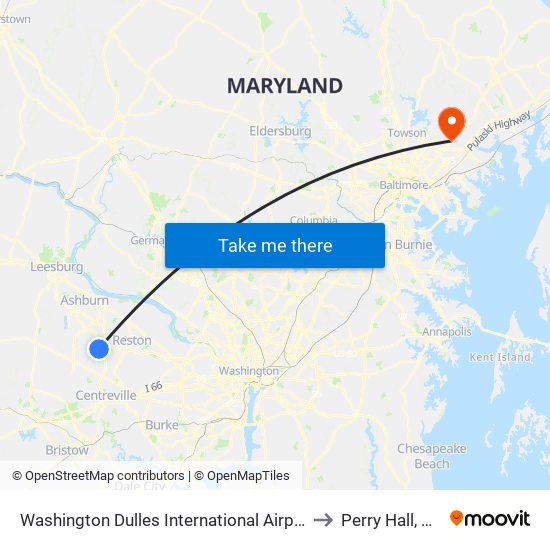 Washington Dulles International Airport Metrorail Station to Perry Hall, Maryland map
