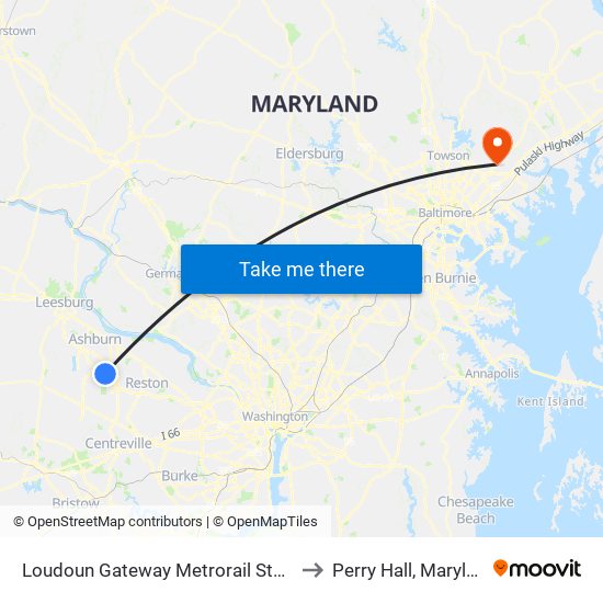 Loudoun Gateway Metrorail Station to Perry Hall, Maryland map