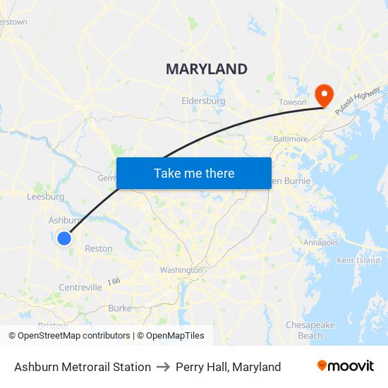 Ashburn Metrorail Station to Perry Hall, Maryland map