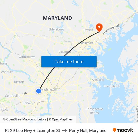 Rt 29 Lee Hwy + Lexington St to Perry Hall, Maryland map