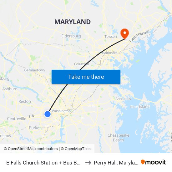 E Falls Church Station + Bus Bay D to Perry Hall, Maryland map