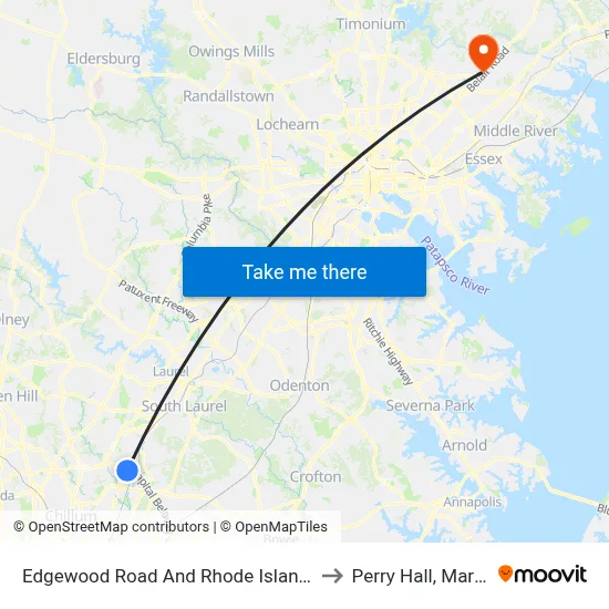 Edgewood Road And Rhode Island Avenue to Perry Hall, Maryland map