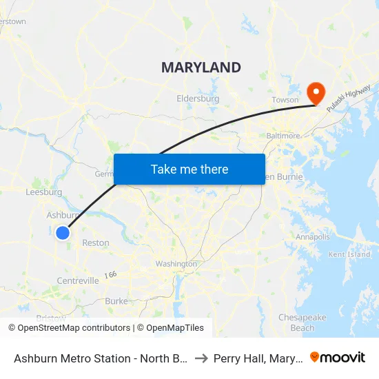 Ashburn Metro Station - North Bus Bay to Perry Hall, Maryland map