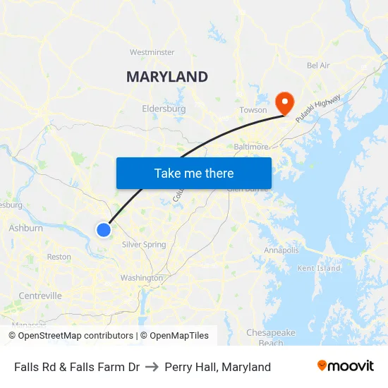Falls Rd & Falls Farm Dr to Perry Hall, Maryland map