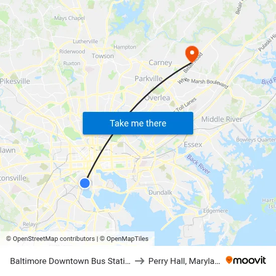 Baltimore Downtown Bus Station to Perry Hall, Maryland map