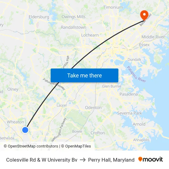 Colesville Rd & W University Bv to Perry Hall, Maryland map