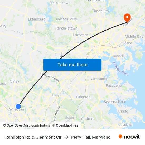 Randolph Rd & Glenmont Cir to Perry Hall, Maryland map