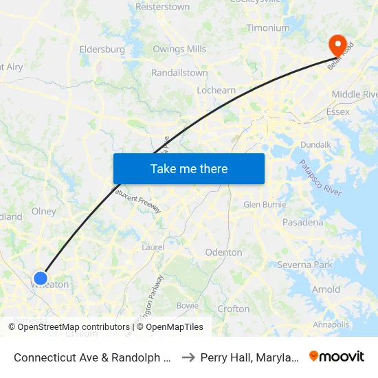 Connecticut Ave & Randolph Rd to Perry Hall, Maryland map