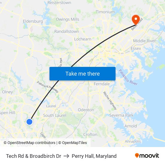 Tech Rd & Broadbirch Dr to Perry Hall, Maryland map