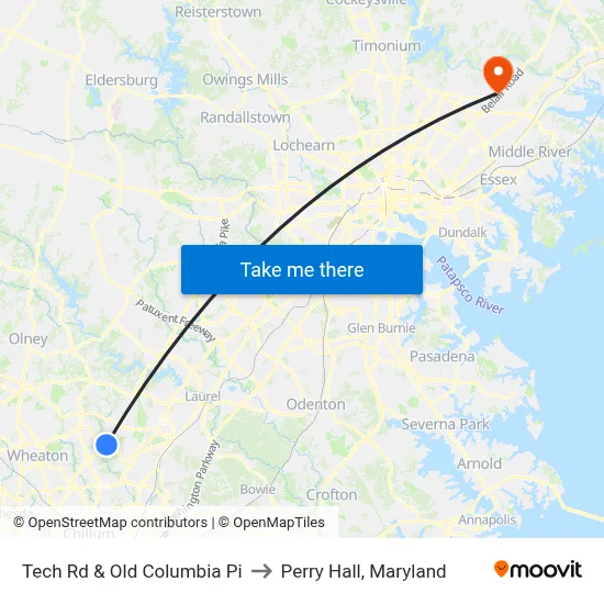 Tech Rd & Old Columbia Pi to Perry Hall, Maryland map