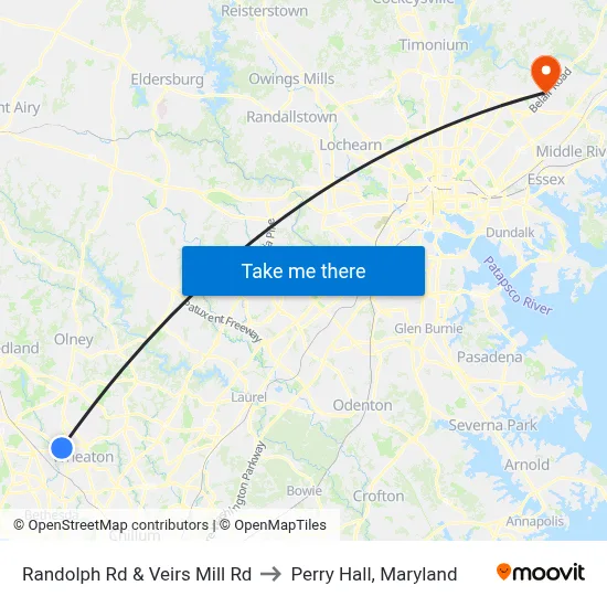 Randolph Rd & Veirs Mill Rd to Perry Hall, Maryland map