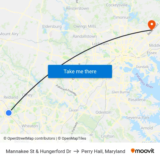 Mannakee St & Hungerford  Dr to Perry Hall, Maryland map