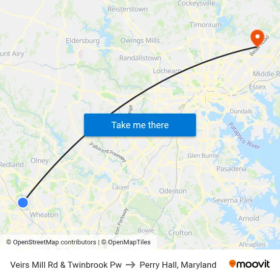 Veirs Mill Rd & Twinbrook Pw to Perry Hall, Maryland map