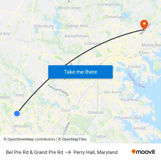 Bel Pre Rd & Grand Pre Rd to Perry Hall, Maryland map