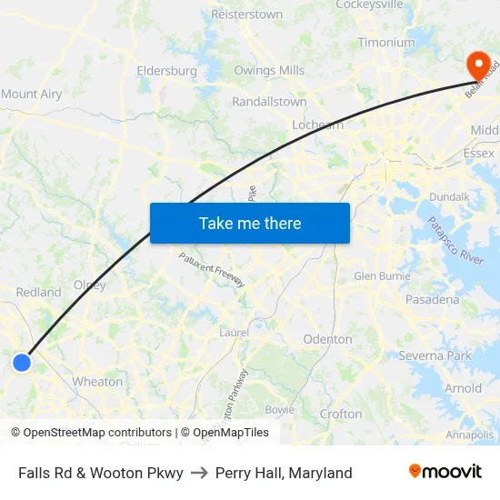 Falls Rd & Wooton Pkwy to Perry Hall, Maryland map