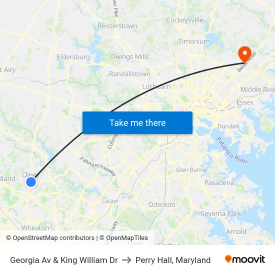 Georgia Av & King William Dr to Perry Hall, Maryland map