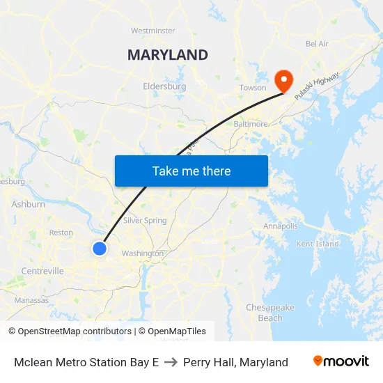 Mclean Metro Station Bay E to Perry Hall, Maryland map