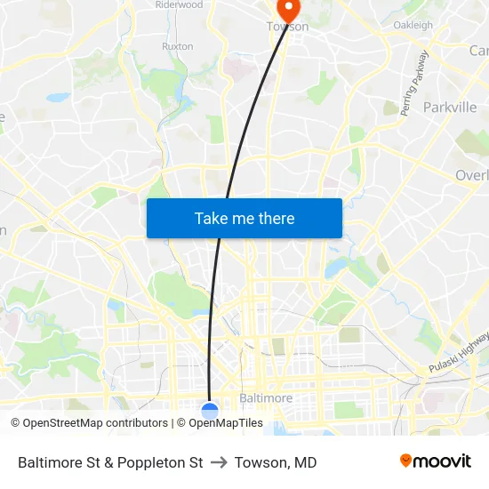 Baltimore St & Poppleton St to Towson, MD map