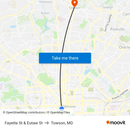 Fayette St & Eutaw St to Towson, MD map
