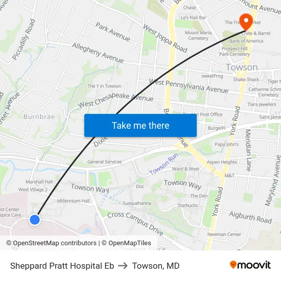 Sheppard Pratt Hospital Eb to Towson, MD map