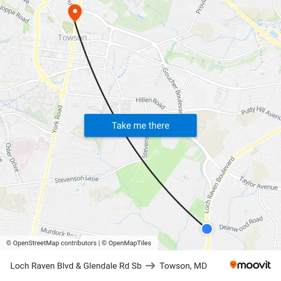 Loch Raven Blvd & Glendale Rd Sb to Towson, MD map
