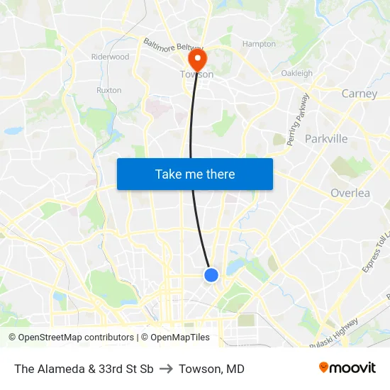 The Alameda & 33rd St Sb to Towson, MD map